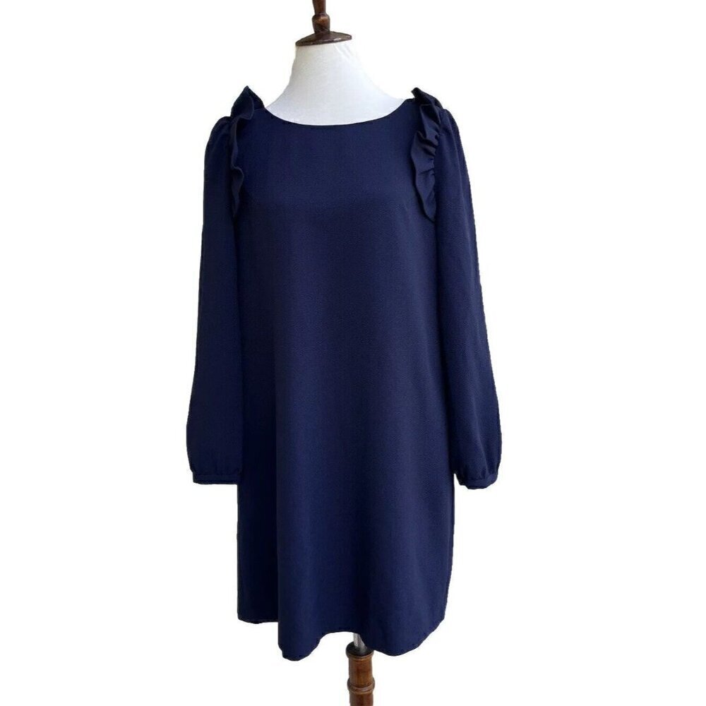Chelsea28 Womens Navy Blue Long Sleeve Ruffle Shift Dress Size 14